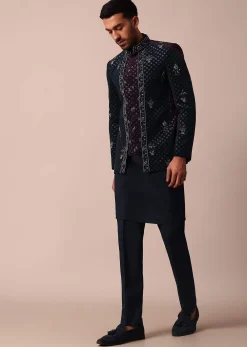 Blue Floral Embroidered Indowestern For Men