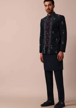 Blue Floral Embroidered Indowestern For Men