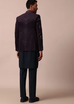 Blue Floral Embroidered Indowestern For Men