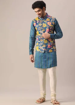 Blue Floral Print Jacket And Kurta Set In Silk