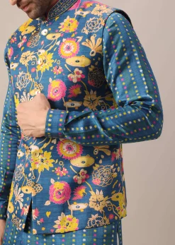 Blue Floral Print Jacket And Kurta Set In Silk