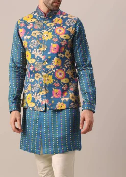 Blue Floral Print Jacket And Kurta Set In Silk