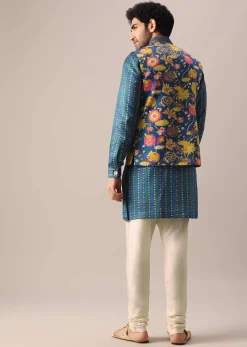 Blue Floral Print Jacket And Kurta Set In Silk