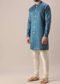 Blue Floral Print Jacket And Kurta Set In Silk