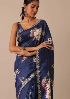 Blue Floral Print Tussar Silk Saree With Unstitched Blouse Piece