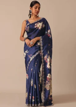 Blue Floral Print Tussar Silk Saree With Unstitched Blouse Piece