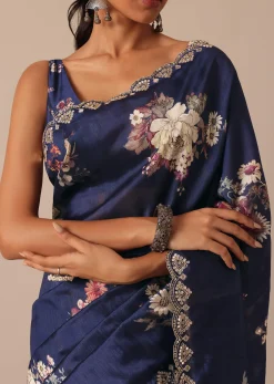 Blue Floral Print Tussar Silk Saree With Unstitched Blouse Piece