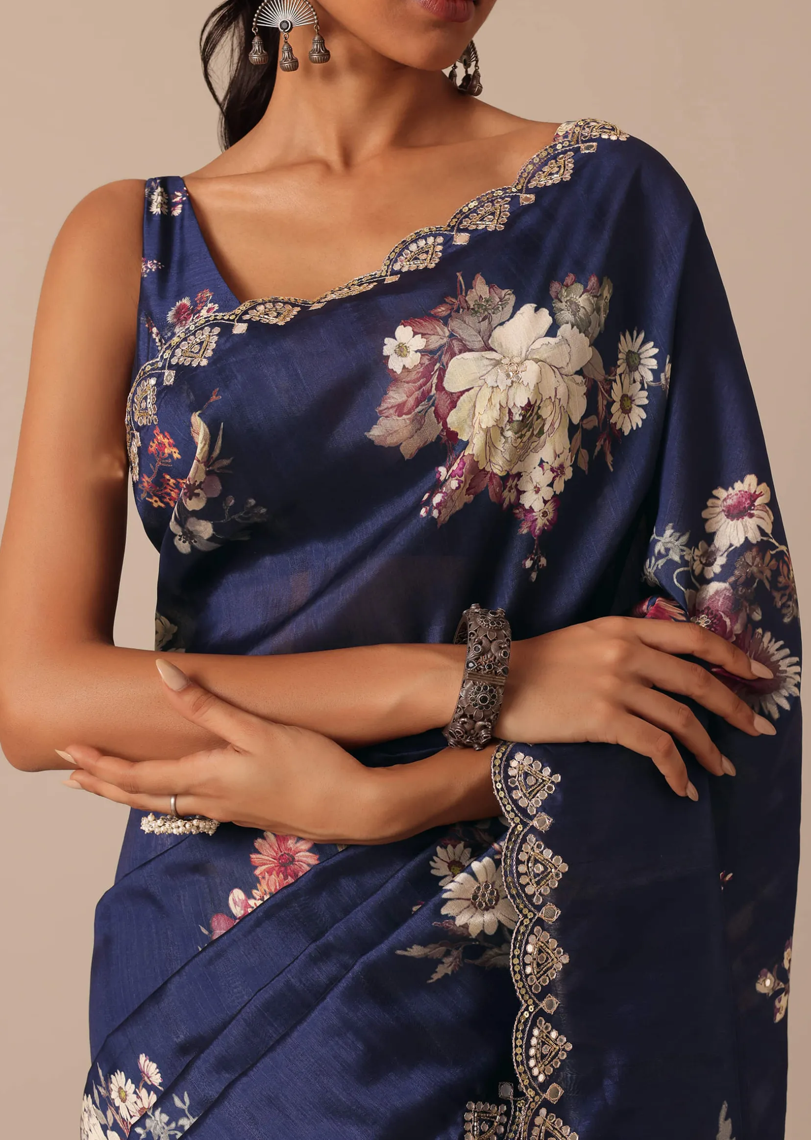 Blue Floral Print Tussar Silk Saree With Unstitched Blouse Piece