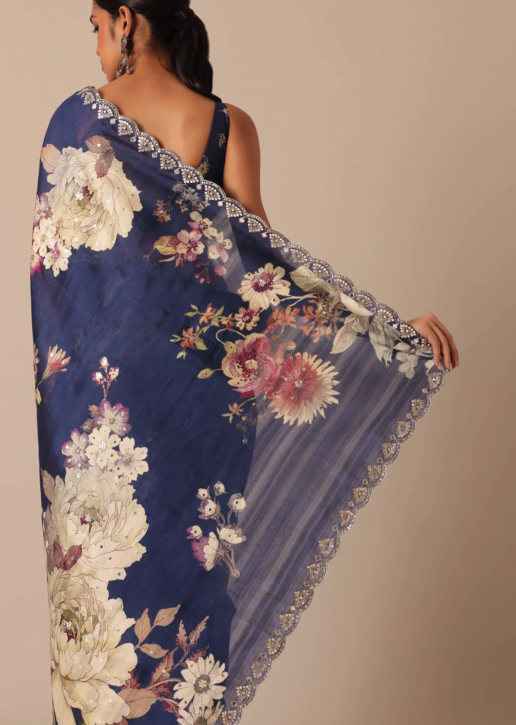 Blue Floral Print Tussar Silk Saree With Unstitched Blouse Piece