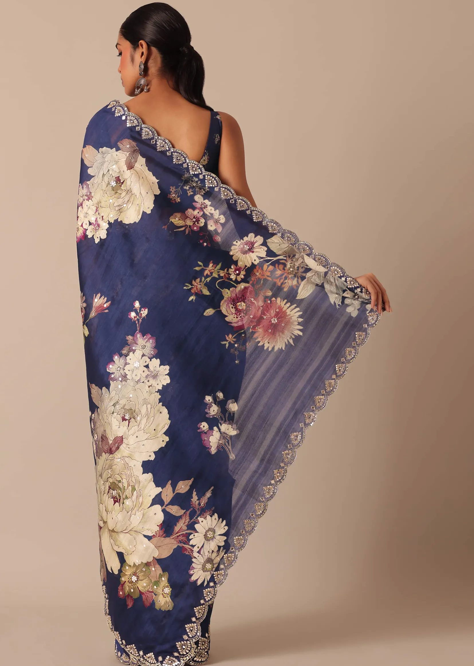 Blue Floral Print Tussar Silk Saree With Unstitched Blouse Piece