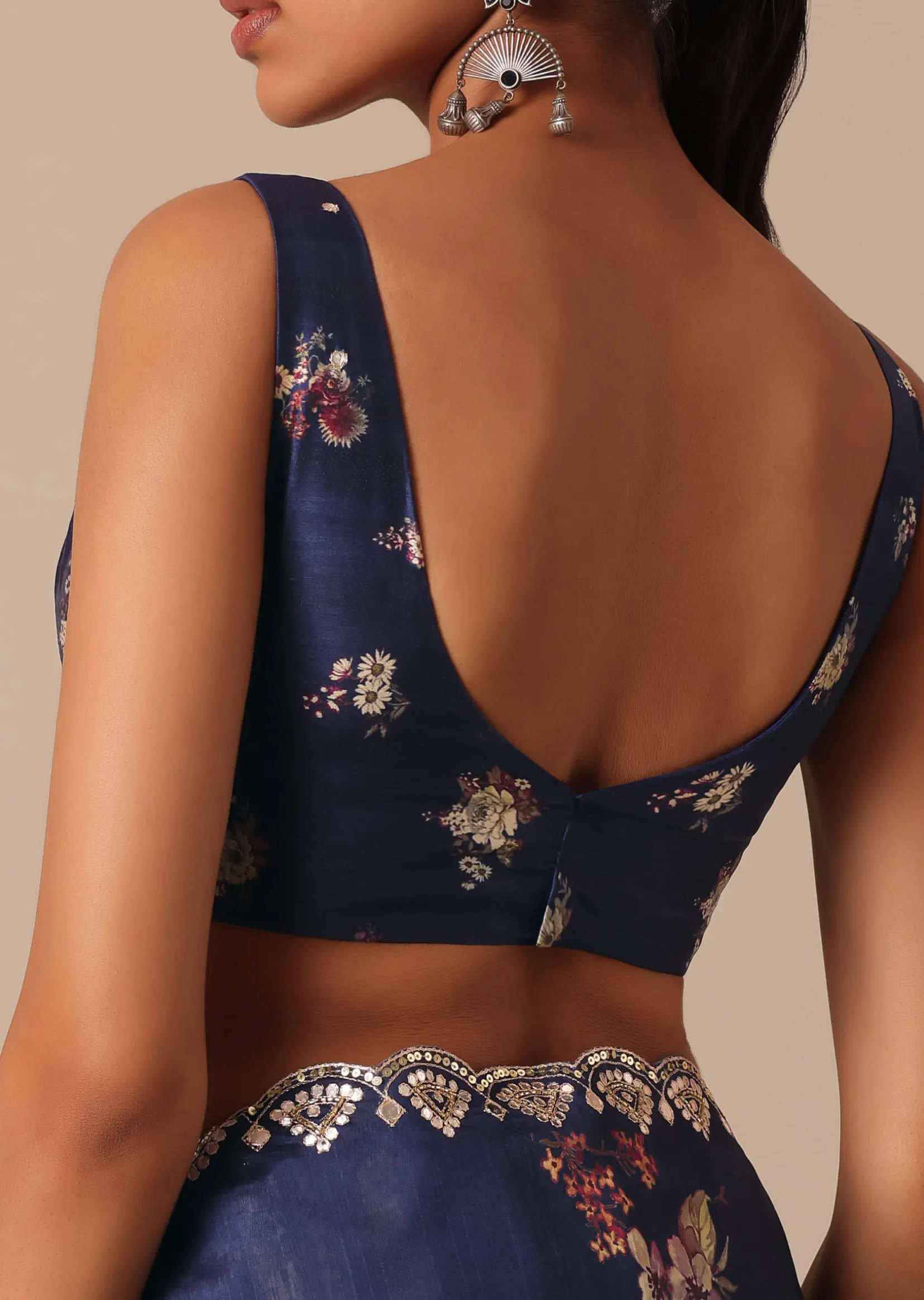 Blue Floral Print Tussar Silk Saree With Unstitched Blouse Piece