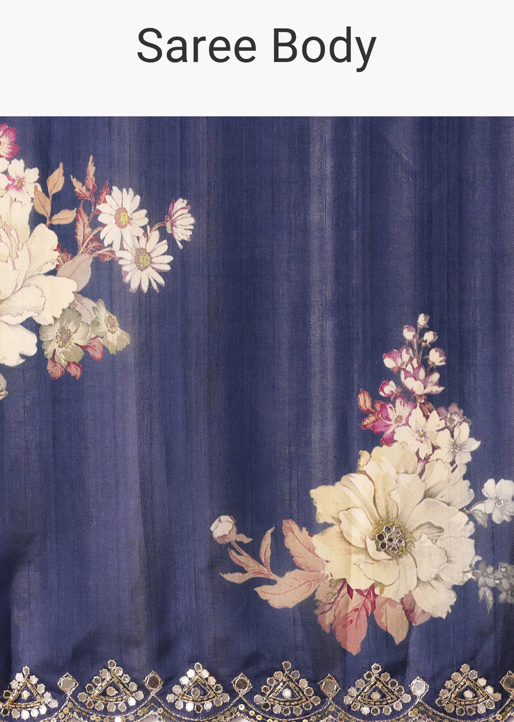 Blue Floral Print Tussar Silk Saree With Unstitched Blouse Piece