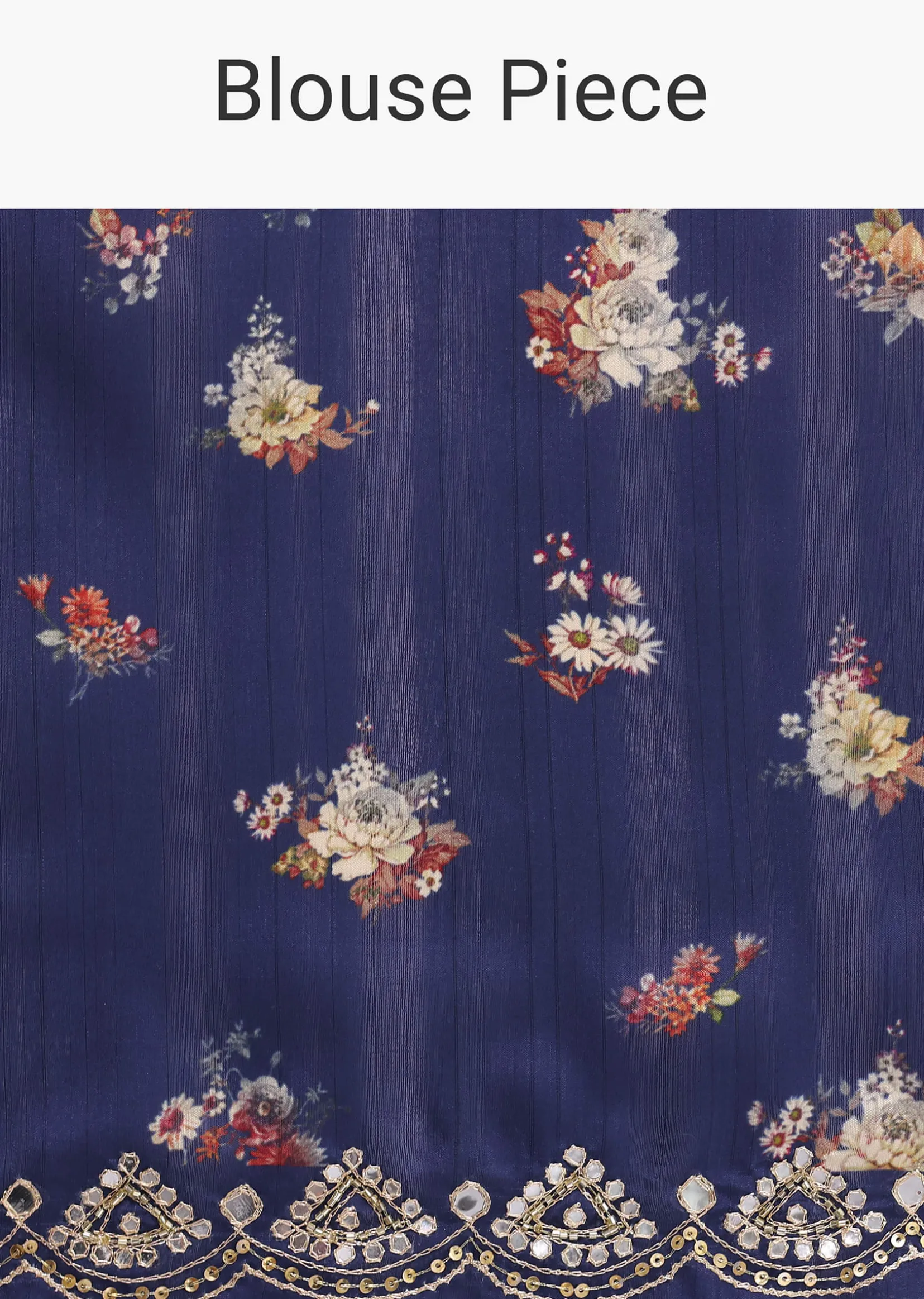 Blue Floral Print Tussar Silk Saree With Unstitched Blouse Piece