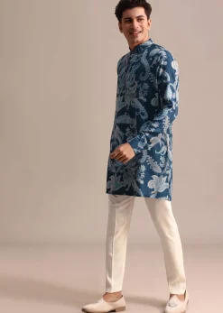 Blue Floral Printed Kurta For Men