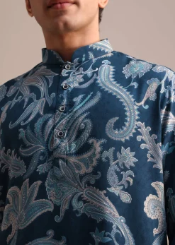 Blue Floral Printed Kurta For Men