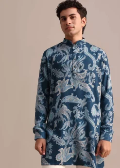 Blue Floral Printed Kurta For Men