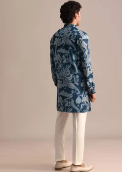 Blue Floral Printed Kurta For Men