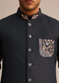 Blue Floral Resham Work Jacket Kurta Set In Linen