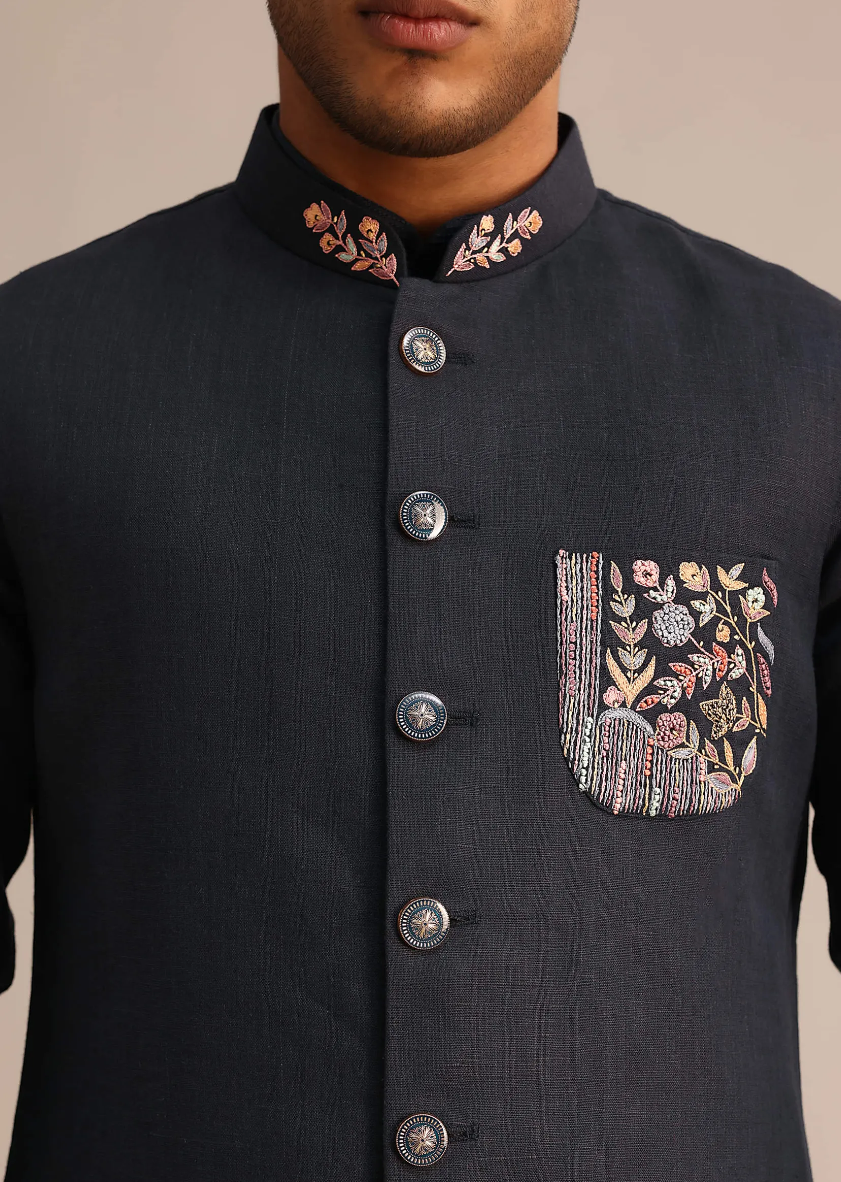 Blue Floral Resham Work Jacket Kurta Set In Linen