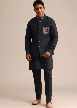 Blue Floral Resham Work Jacket Kurta Set In Linen