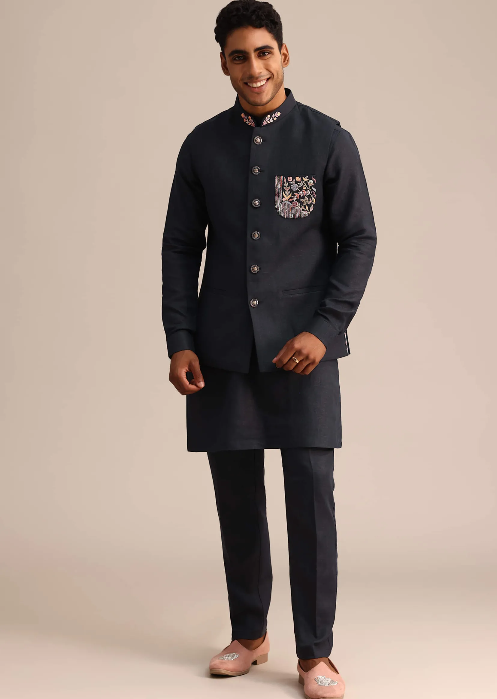 Blue Floral Resham Work Jacket Kurta Set In Linen