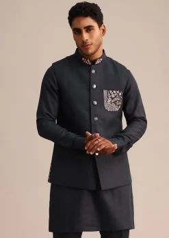 Blue Floral Resham Work Jacket Kurta Set In Linen
