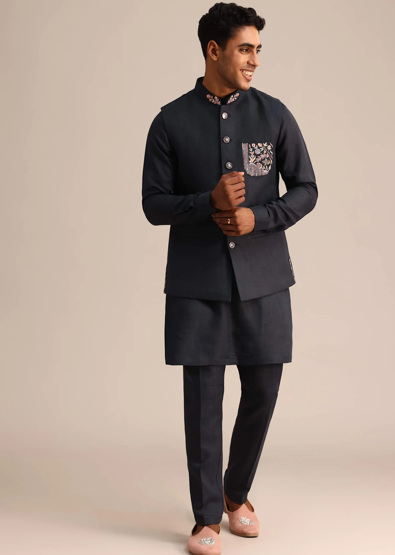 Blue Floral Resham Work Jacket Kurta Set In Linen
