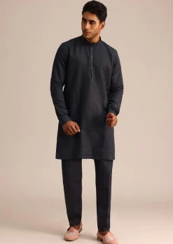 Blue Floral Resham Work Jacket Kurta Set In Linen
