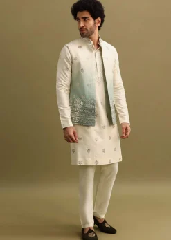 Blue Foil Applique Work Kurta Set With Shaded Jacket