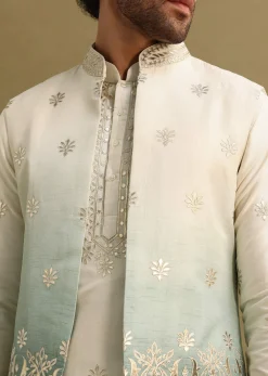 Blue Foil Applique Work Kurta Set With Shaded Jacket