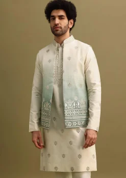 Blue Foil Applique Work Kurta Set With Shaded Jacket