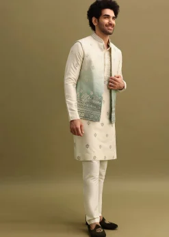 Blue Foil Applique Work Kurta Set With Shaded Jacket