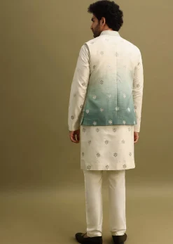 Blue Foil Applique Work Kurta Set With Shaded Jacket