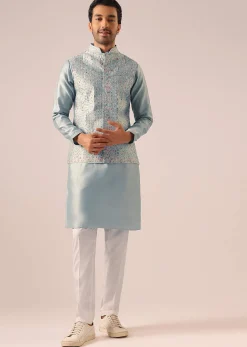 Blue Fusion Jacket Kurta Set with Cutwork