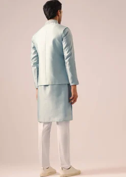 Blue Fusion Jacket Kurta Set with Cutwork