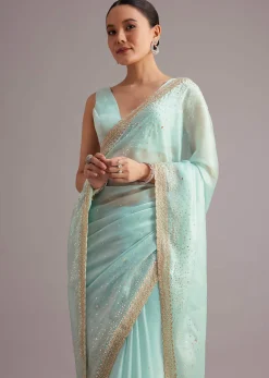 Blue Glass Tissue Saree With Cutdana Sequin And Beaded Embroidery