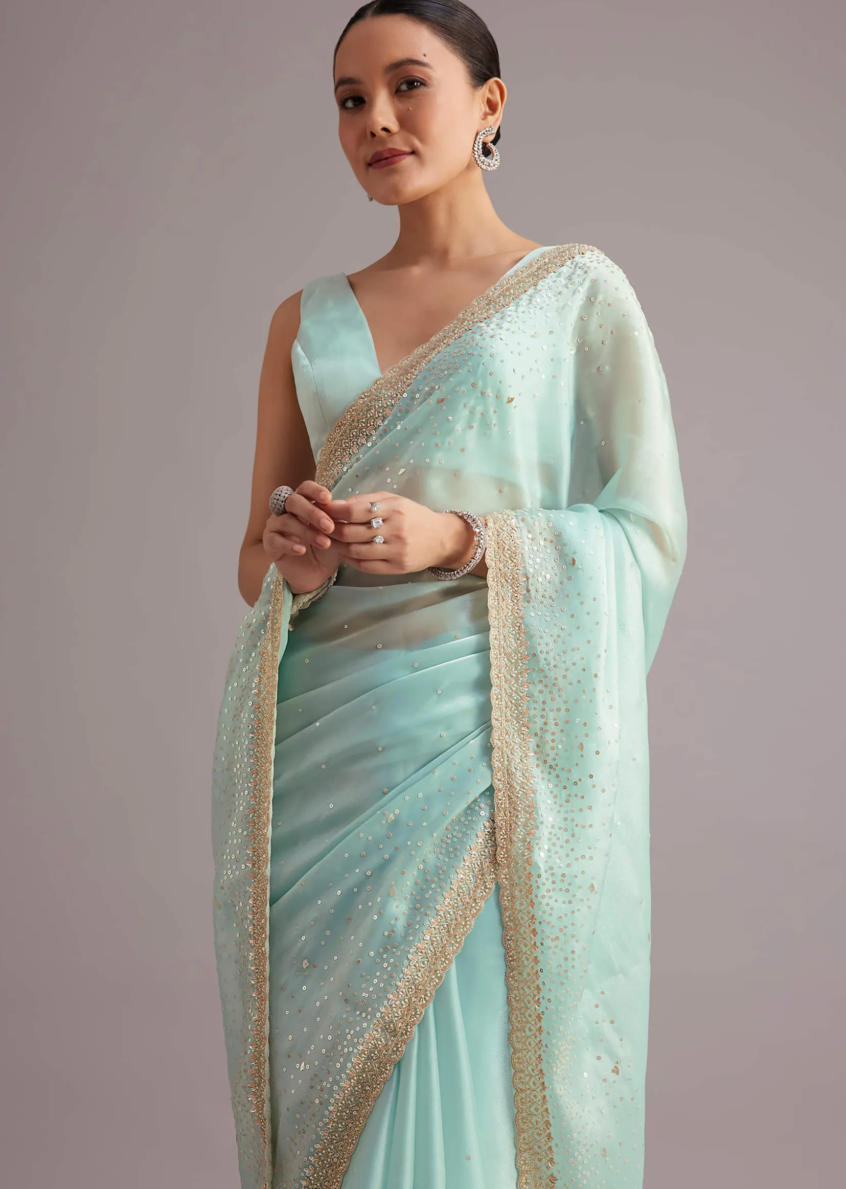 Blue Glass Tissue Saree With Cutdana Sequin And Beaded Embroidery