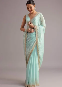 Blue Glass Tissue Saree With Cutdana Sequin And Beaded Embroidery