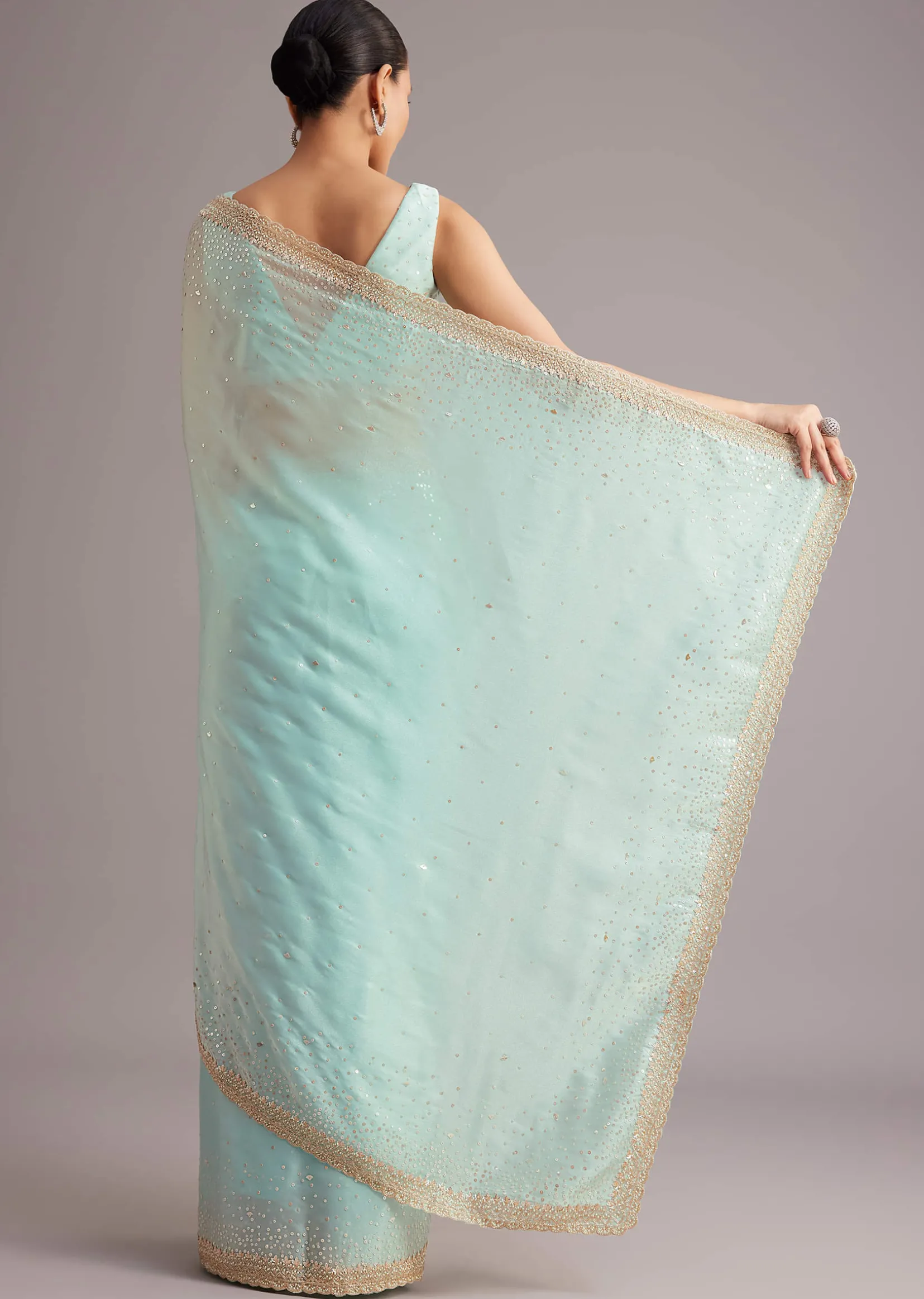 Blue Glass Tissue Saree With Cutdana Sequin And Beaded Embroidery