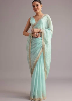 Blue Glass Tissue Saree With Cutdana Sequin And Beaded Embroidery