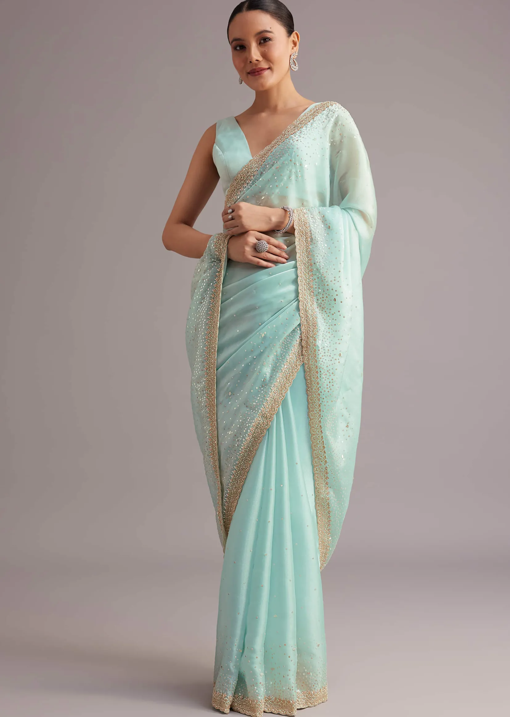 Blue Glass Tissue Saree With Cutdana Sequin And Beaded Embroidery