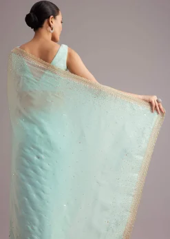 Blue Glass Tissue Saree With Cutdana Sequin And Beaded Embroidery