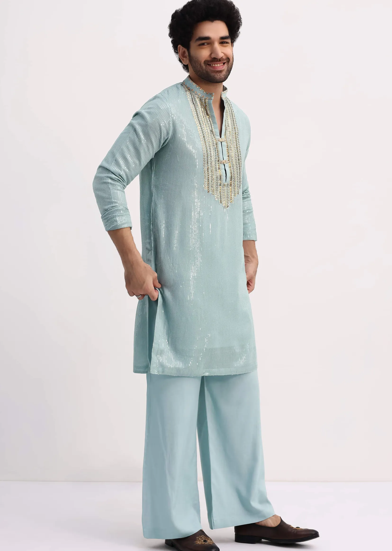 Blue Gold Sequin Kurta With Loose Fitted Pants