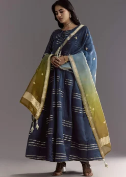 Blue Gotta Work Anarkali Suit With Ombre Organza Dupatta