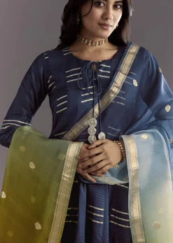 Blue Gotta Work Anarkali Suit With Ombre Organza Dupatta