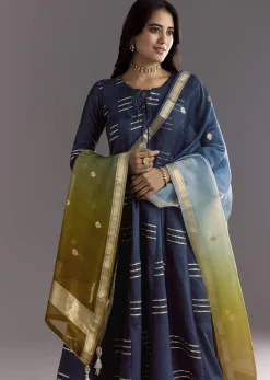 Blue Gotta Work Anarkali Suit With Ombre Organza Dupatta