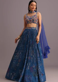 Blue Hand Embroidered Choli With Bandhani Print Lehenga And Choker Net Dupatta