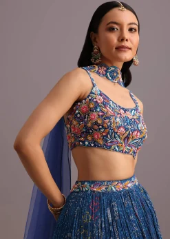 Blue Hand Embroidered Choli With Bandhani Print Lehenga And Choker Net Dupatta