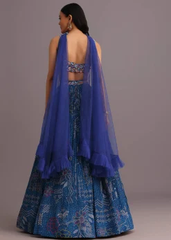 Blue Hand Embroidered Choli With Bandhani Print Lehenga And Choker Net Dupatta