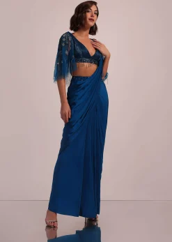 Blue Hand Embroidered Ready Pleated Saree And Blouse In Crepe